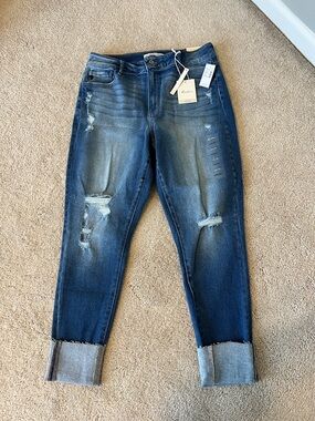 KanCan Dark Blue Distressed Curvy High Rise Skinny Jeans with Cuffs